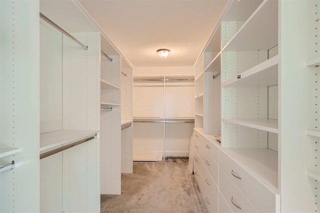 walk in closet featuring light carpet