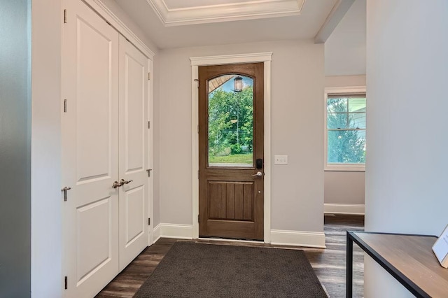 entrance foyer with ornamental molding, a tray ceiling, dark wood-style flooring, and baseboards