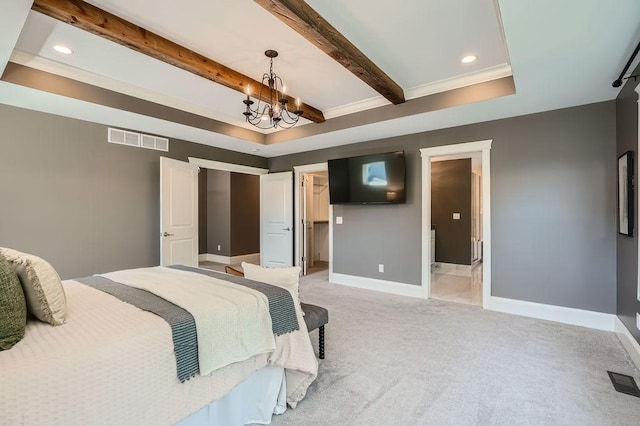 bedroom featuring a notable chandelier, light colored carpet, visible vents, baseboards, and beamed ceiling