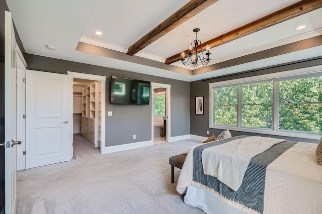 bedroom featuring a walk in closet, light colored carpet, an inviting chandelier, beamed ceiling, and baseboards