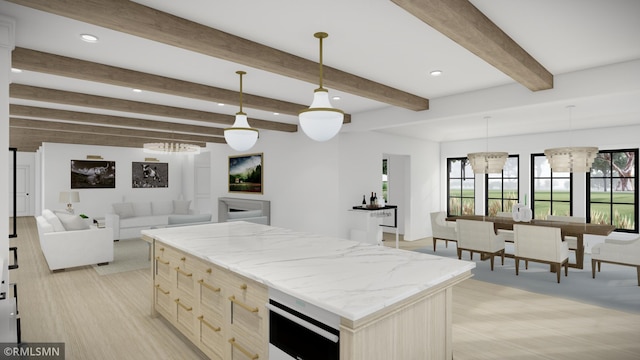 kitchen with decorative light fixtures, a chandelier, a center island, light stone counters, and beam ceiling