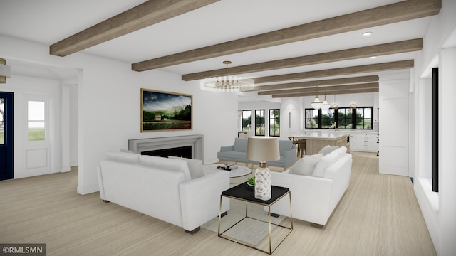 living room with beam ceiling, a chandelier, and light wood-type flooring