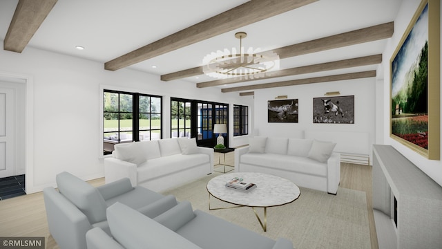 living room with an inviting chandelier, beam ceiling, and light wood-type flooring