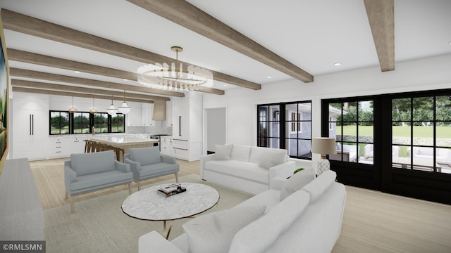 living room with a notable chandelier, beam ceiling, and light hardwood / wood-style flooring