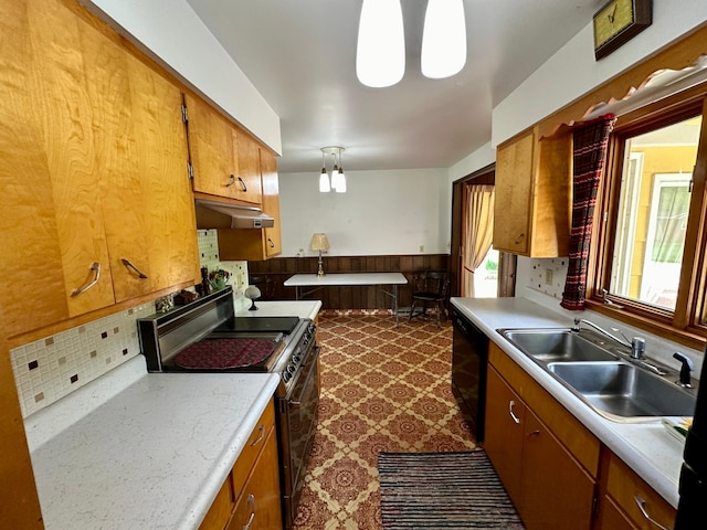 kitchen featuring dishwasher, tasteful backsplash, wall chimney exhaust hood, sink, and electric stove