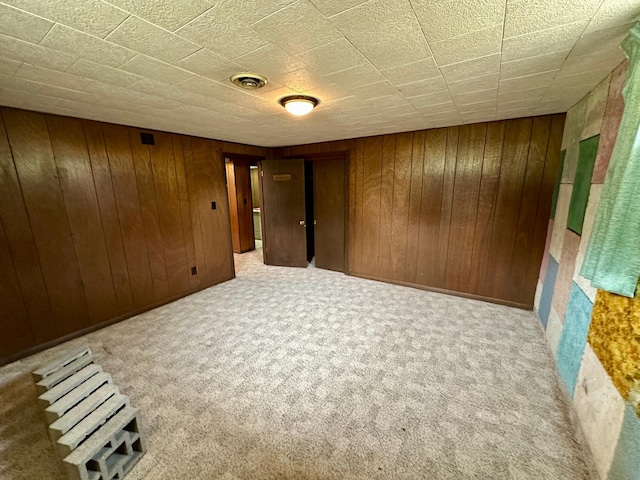 interior space with wood walls and carpet