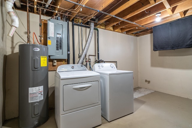 laundry room with independent washer and dryer, electric panel, and water heater