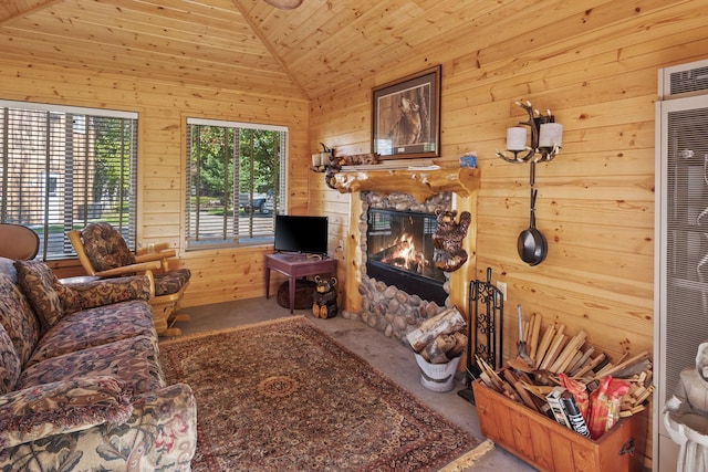 carpeted living room with lofted ceiling and wooden ceiling