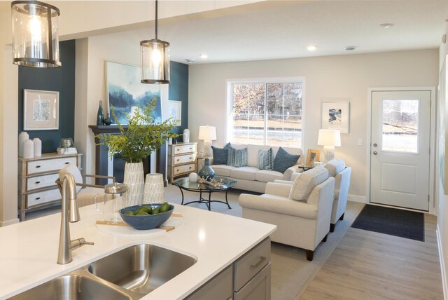 living room with plenty of natural light, sink, and light hardwood / wood-style flooring