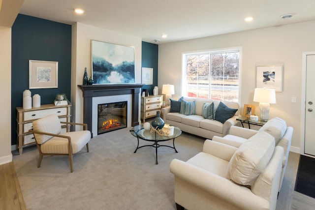 living room with light colored carpet