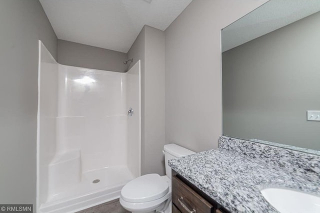 bathroom featuring a shower, vanity, and toilet