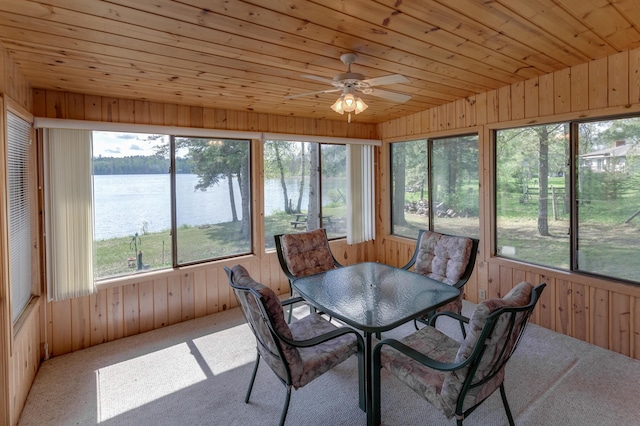 sunroom / solarium with a water view, ceiling fan, and wood ceiling