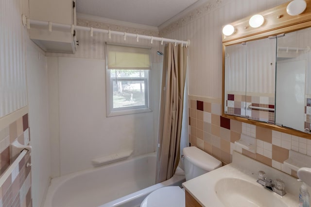 full bathroom with decorative backsplash, tile walls, shower / bath combo, and toilet