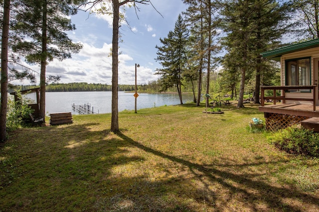 view of yard with a water view and a boat dock