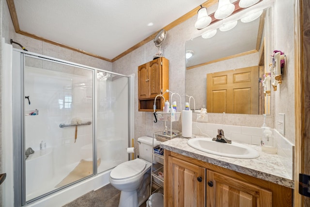 bathroom with backsplash, vanity with extensive cabinet space, toilet, tile floors, and an enclosed shower