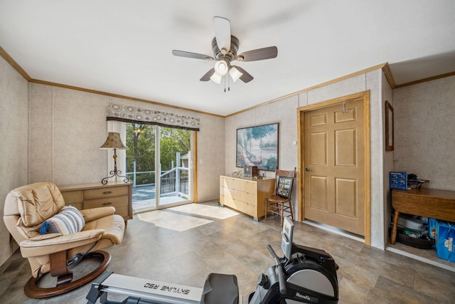 workout room featuring tile flooring, ceiling fan, and crown molding