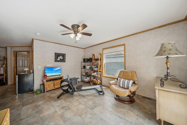 living area featuring tile flooring, ornamental molding, and ceiling fan