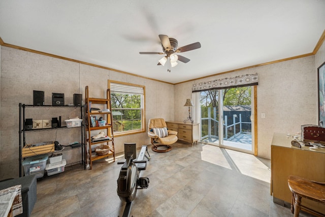 exercise area featuring tile floors, ornamental molding, and ceiling fan