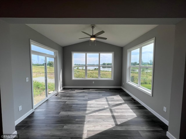 interior space featuring a wealth of natural light, ceiling fan, and dark hardwood / wood-style floors