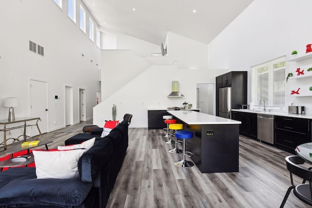 interior space with light wood-type flooring, a towering ceiling, and sink