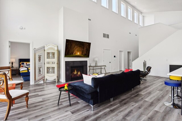 living room featuring hardwood / wood-style floors and a towering ceiling