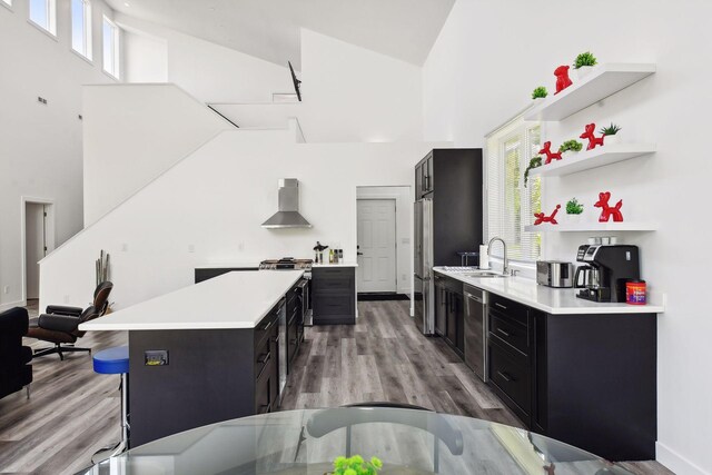 kitchen with sink, stainless steel appliances, wall chimney range hood, high vaulted ceiling, and wood-type flooring