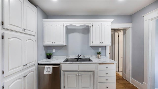 kitchen featuring sink, white cabinets, stainless steel dishwasher, and dark hardwood / wood-style floors