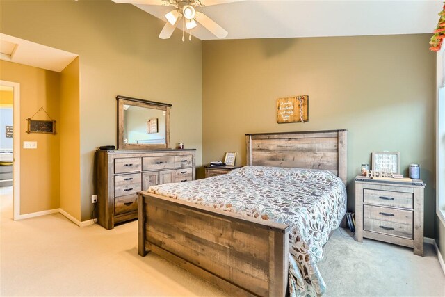 bedroom with light colored carpet and ceiling fan