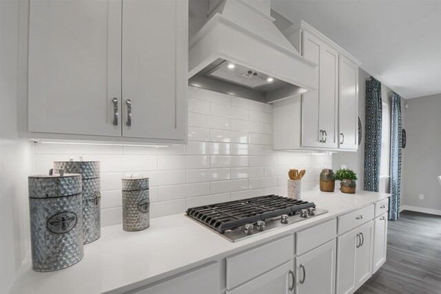 13656 Aulden Ave, Rosemount, MN 55068 - kitchen featuring premium range hood, stainless steel gas stovetop, light countertops, and white cabinetry