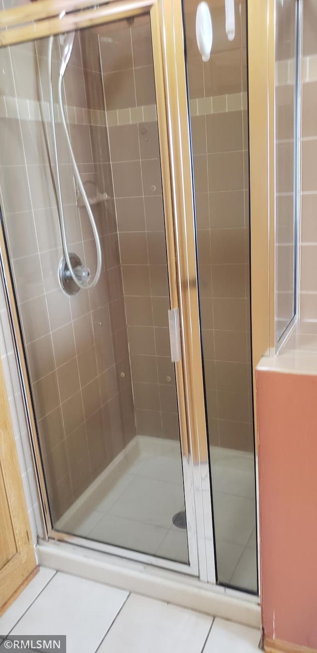 bathroom featuring tile patterned flooring and a shower with shower door