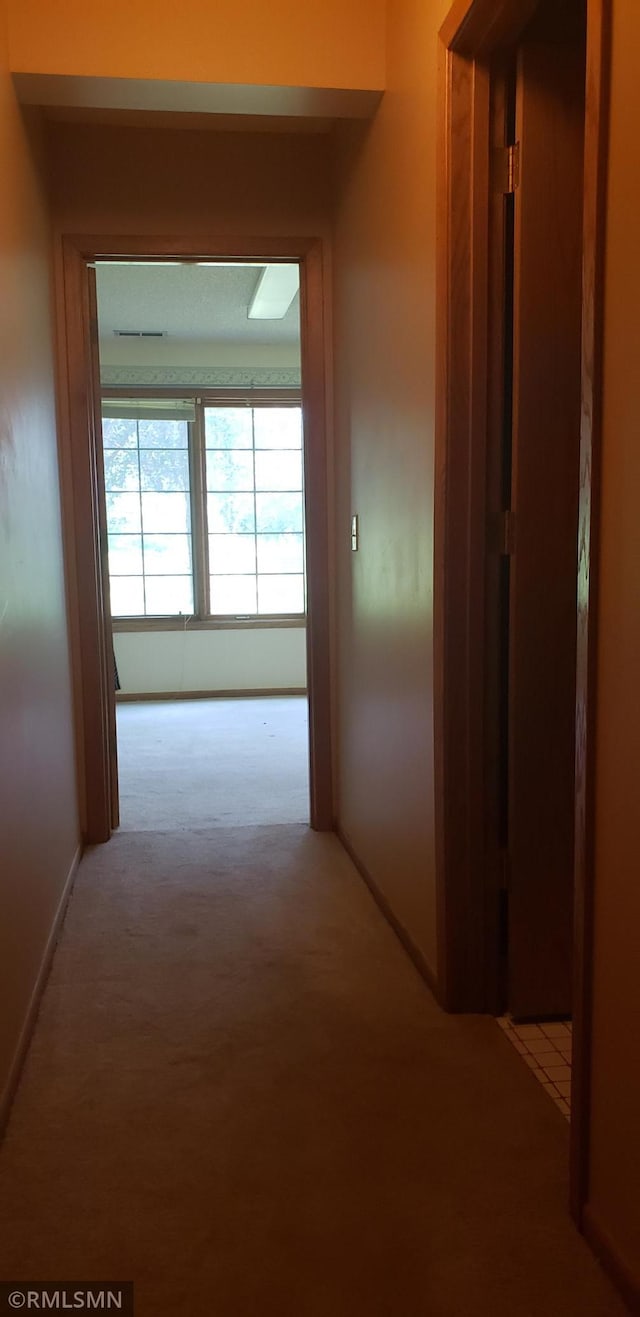 hallway with light colored carpet