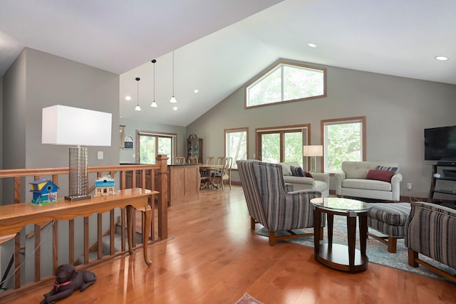 living room with high vaulted ceiling and light hardwood / wood-style flooring