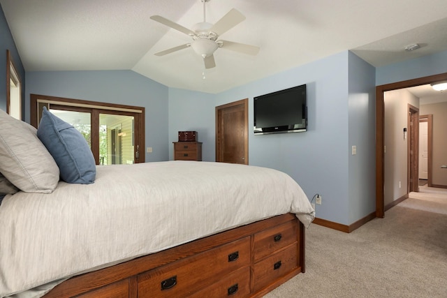 bedroom featuring ceiling fan, access to exterior, light carpet, and lofted ceiling