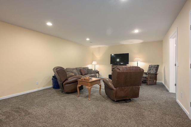 living room featuring dark carpet