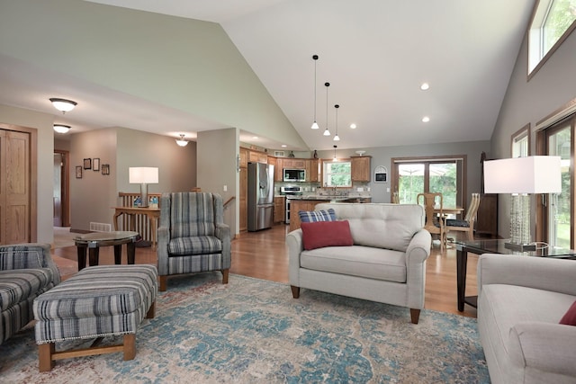 living room with high vaulted ceiling and hardwood / wood-style flooring