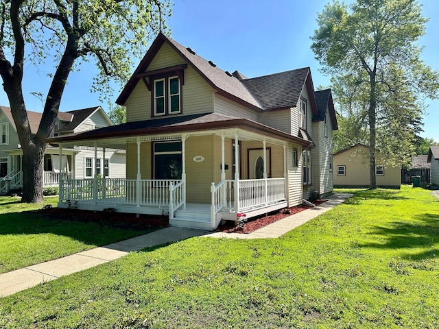 farmhouse-style home featuring a front yard and covered porch