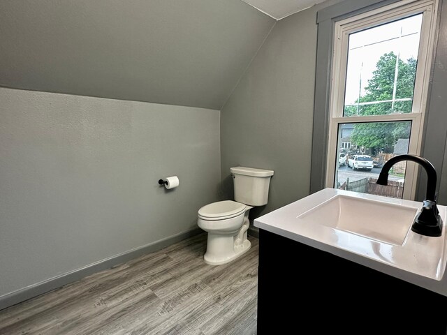 bathroom with toilet, lofted ceiling, hardwood / wood-style flooring, and vanity