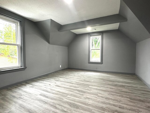 additional living space with light hardwood / wood-style floors, a textured ceiling, and vaulted ceiling