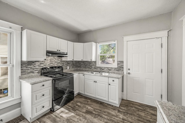 2806 Aldrich Ave N, Minneapolis, MN 55411 - kitchen featuring black range with electric cooktop, under cabinet range hood, a sink, decorative backsplash, and white cabinetry
