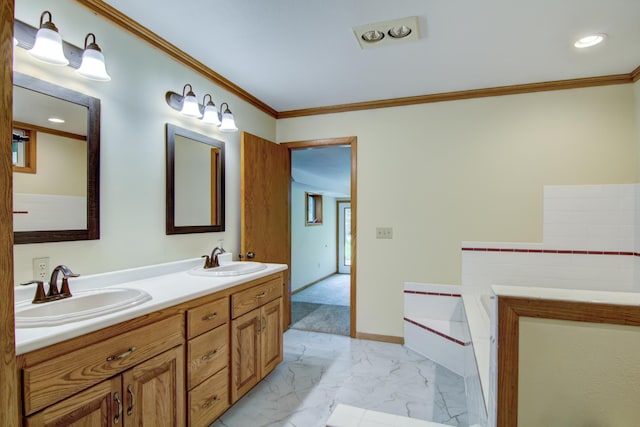 bathroom with ornamental molding, a bathtub, tile patterned flooring, and double vanity