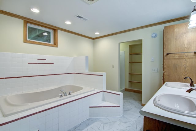 bathroom featuring separate shower and tub, dual vanity, tile patterned floors, and crown molding