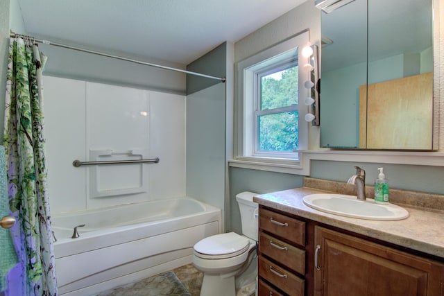 full bathroom featuring tile patterned floors, vanity, toilet, and shower / bath combination with curtain