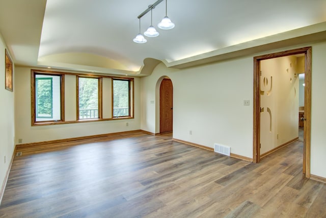 unfurnished room featuring rail lighting and wood-type flooring