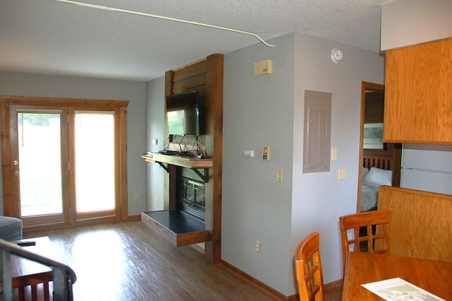 25124 Tame Fish Lake Rd Unit 550, Deerwood, MN 56444 - interior space featuring a glass covered fireplace, wood finished floors, baseboards, a textured ceiling, and electric panel