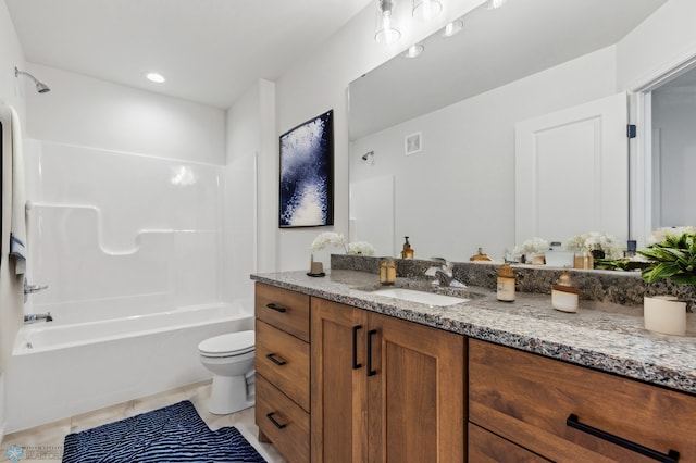bathroom with washtub / shower combination, vanity, tile patterned floors, toilet, and visible vents