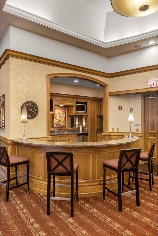 bar with dark carpet and sink