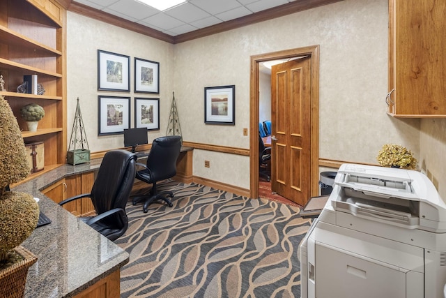 home office with ornamental molding, dark carpet, and independent washer and dryer