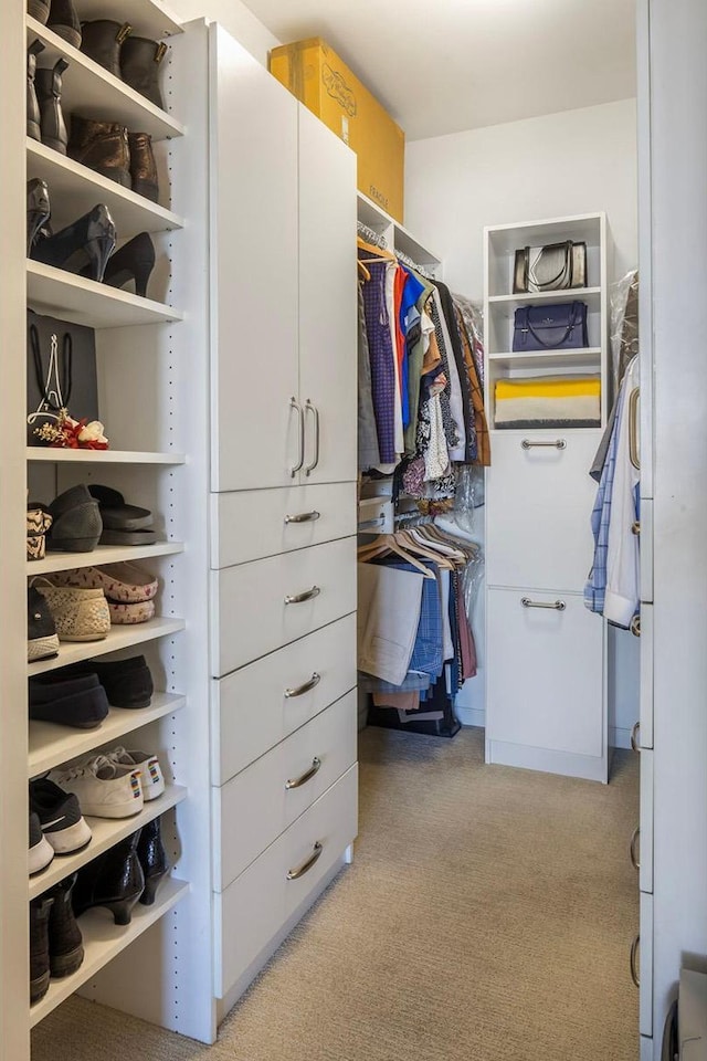 walk in closet with light carpet