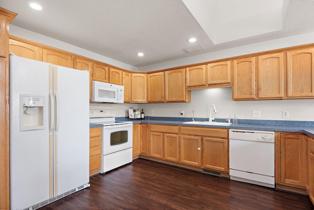 3799 Larabee Ave NE, Saint Michael, MN 55376 - kitchen featuring white appliances, recessed lighting, dark wood finished floors, dark countertops, and a textured ceiling