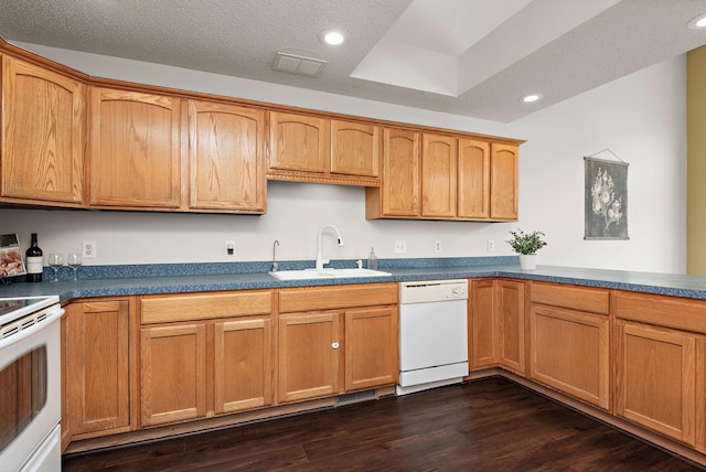 3799 Larabee Ave NE, Saint Michael, MN 55376 - kitchen featuring white appliances, dark wood-style flooring, recessed lighting, and dark countertops